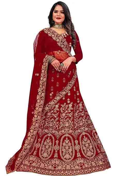 Maroon Zari Embroidered Velvet Lehenga Set