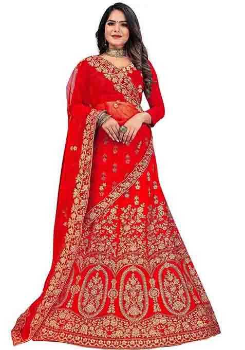 Red Zari Embroidered Velvet Lehenga Set