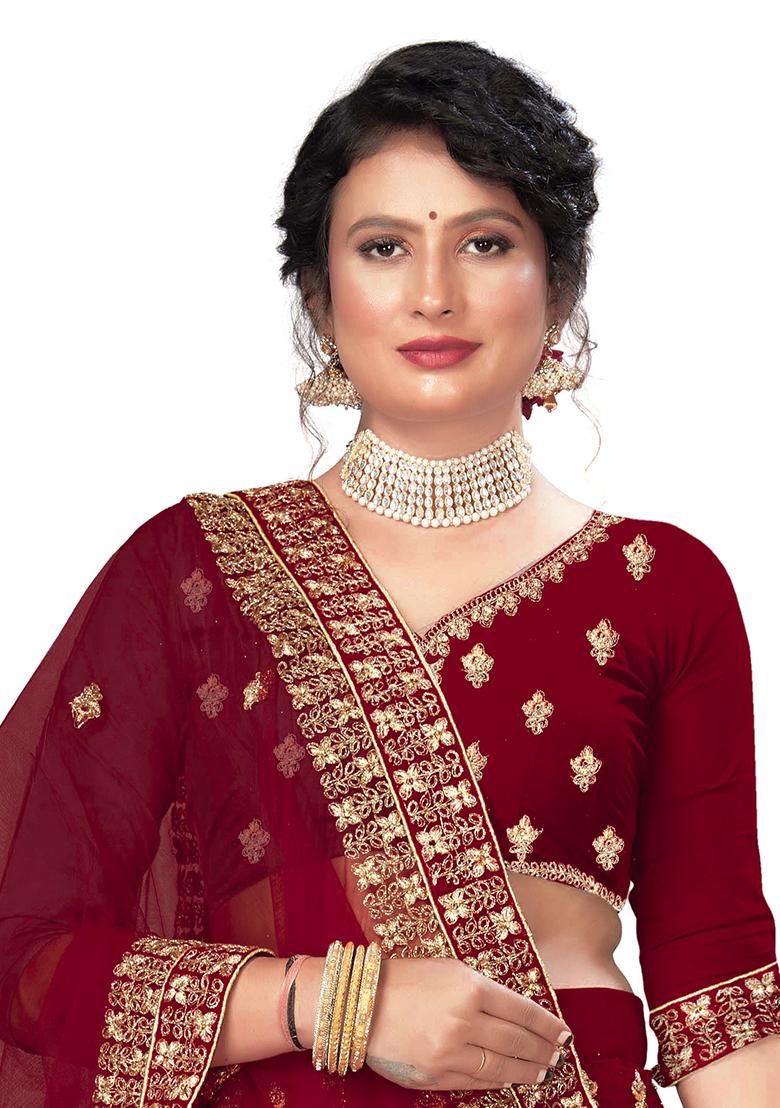 Maroon Zari Embroidered Velvet Lehenga Set - Indya