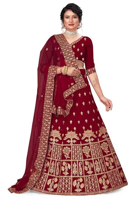 Maroon Zari Embroidered Velvet Lehenga Set