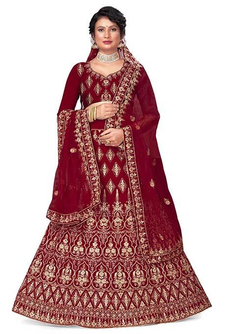 Maroon Zari Embroidered Velvet Lehenga Set