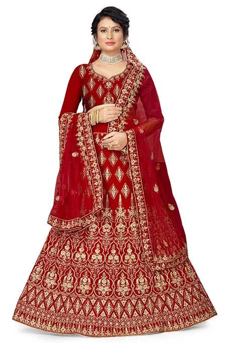 Red Zari Embroidered Velvet Lehenga Set