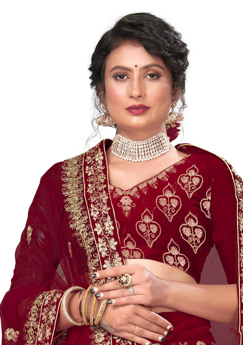 Maroon Zari Embroidered Velvet Lehenga Set - Indya