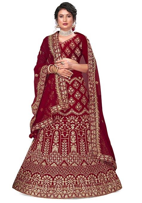 Maroon Zari Embroidered Velvet Lehenga Set