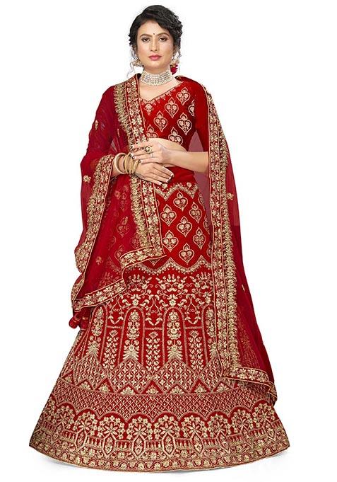 Red Zari Embroidered Velvet Lehenga Set