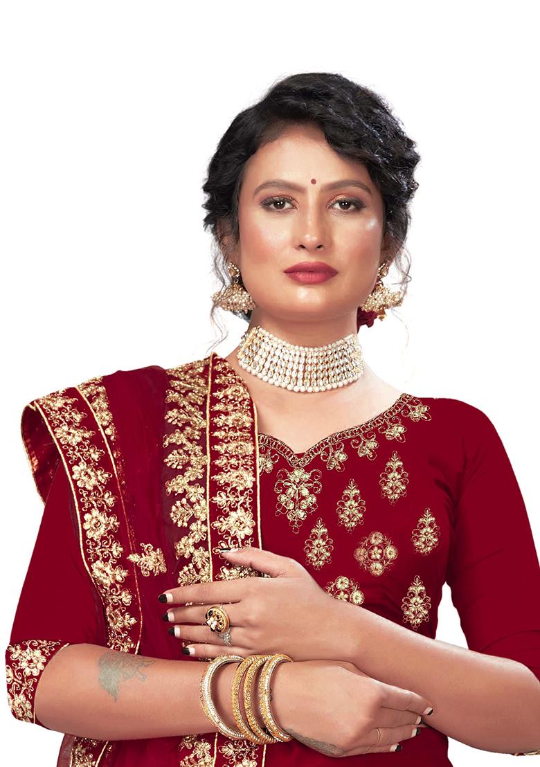 Maroon Zari Embroidered Velvet Lehenga Set - Indya