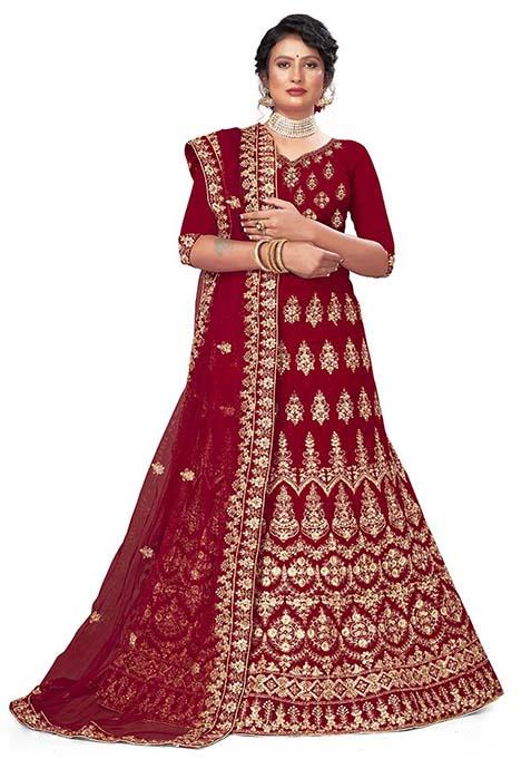 Maroon Zari Embroidered Velvet Lehenga Set