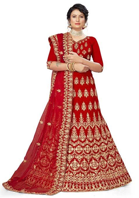 Red Zari Embroidered Velvet Lehenga Set