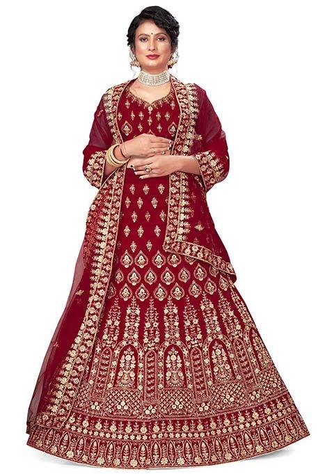 Maroon Zari Embroidered Velvet Lehenga Set