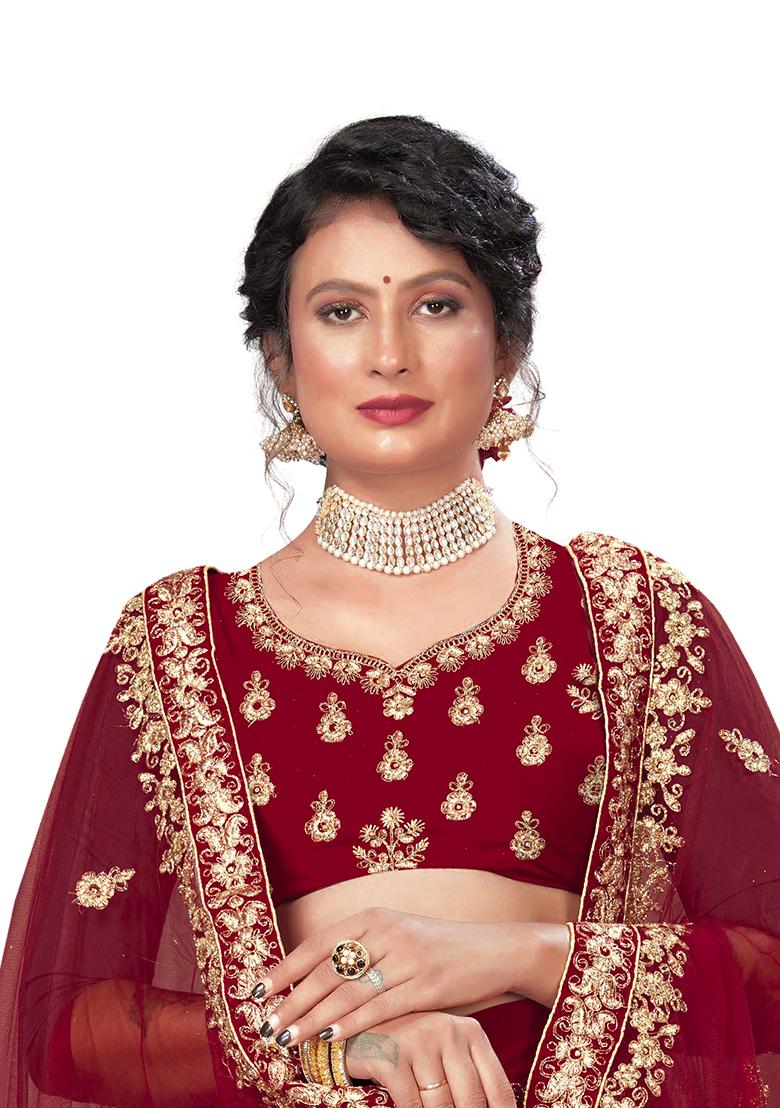 Maroon Zari Embroidered Velvet Lehenga Set - Indya