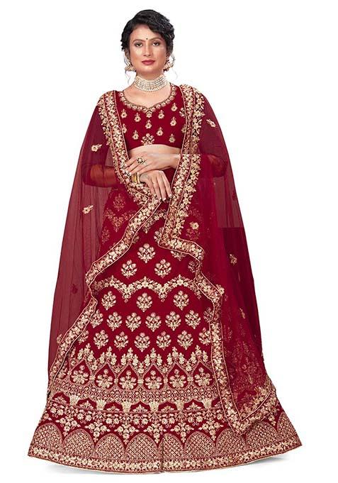 Maroon Zari Embroidered Velvet Lehenga Set