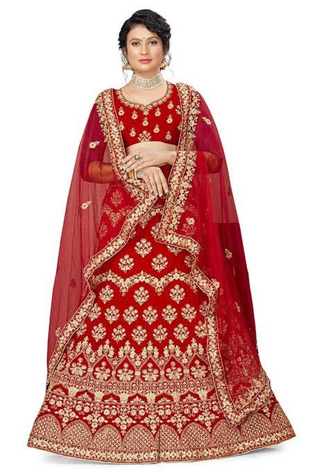 Red Zari Embroidered Velvet Lehenga Set