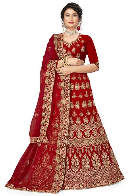 Red Zari Embroidered Velvet Lehenga Set