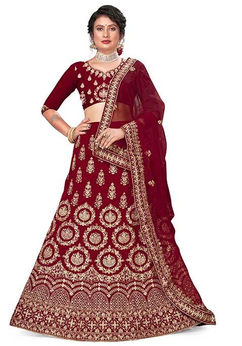 Maroon Zari Embroidered Velvet Lehenga Set