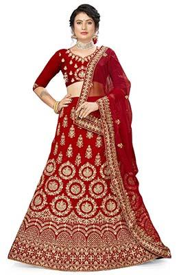 Red Zari Embroidered Velvet Lehenga Set