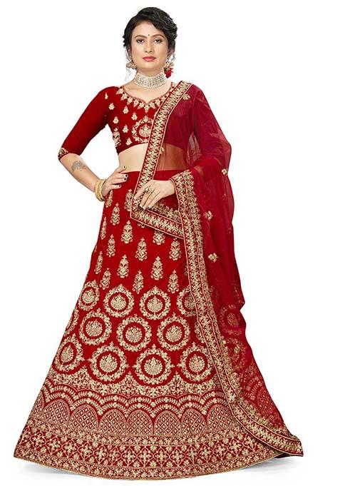 Red Zari Embroidered Velvet Lehenga Set