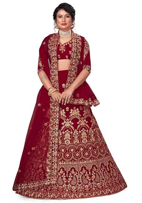 Maroon Zari Embroidered Velvet Lehenga Set