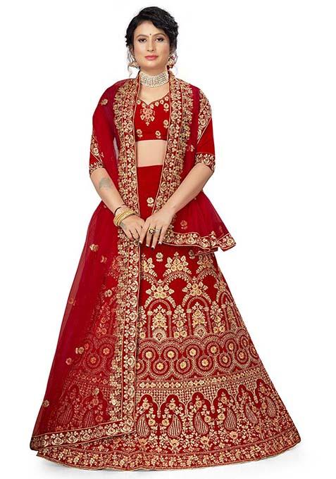 Red Zari Embroidered Velvet Lehenga Set