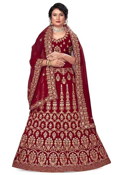 Maroon Zari Embroidered Velvet Lehenga Set