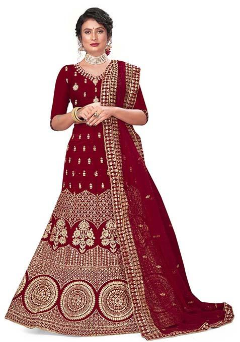 Maroon Zari Embroidered Velvet Lehenga Set