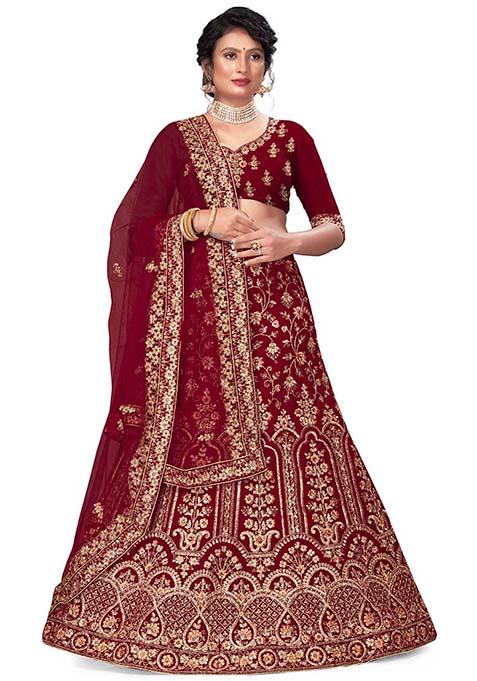 Maroon Zari Embroidered Velvet Lehenga Set