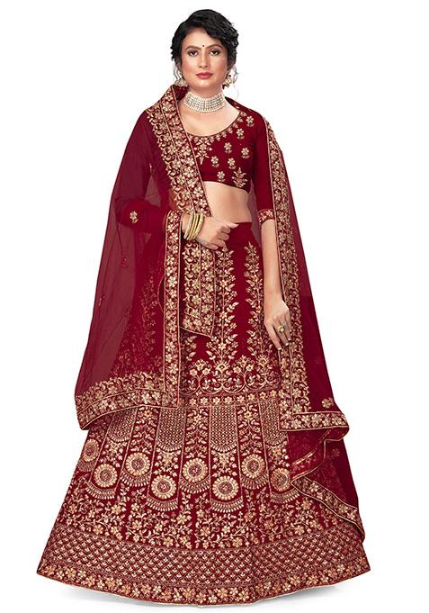 Maroon Zari Embroidered Velvet Lehenga Set