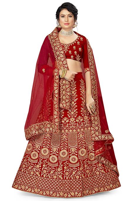 Red Zari Embroidered Velvet Lehenga Set