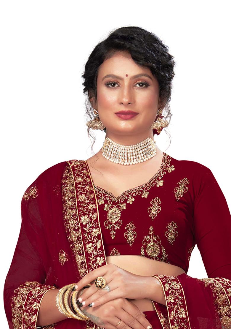 Maroon Zari Embroidered Velvet Lehenga Set - Indya