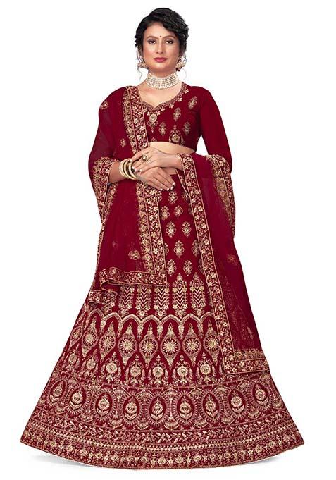 Maroon Zari Embroidered Velvet Lehenga Set