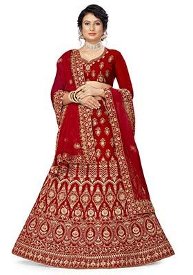 Red Zari Embroidered Velvet Lehenga Set
