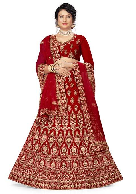 Red Zari Embroidered Velvet Lehenga Set