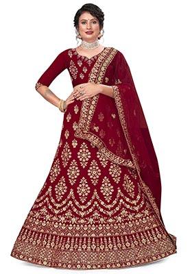 Maroon Zari Embroidered Velvet Lehenga Set