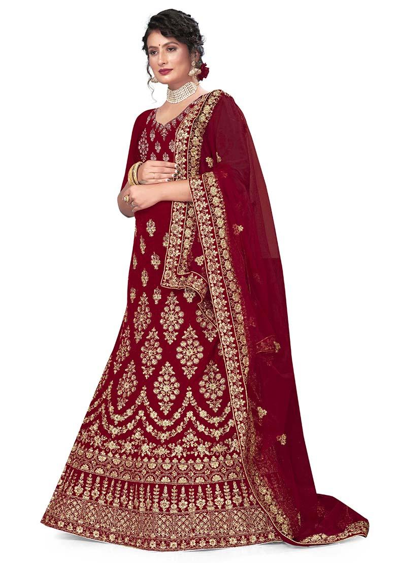 Maroon Zari Embroidered Velvet Lehenga Set