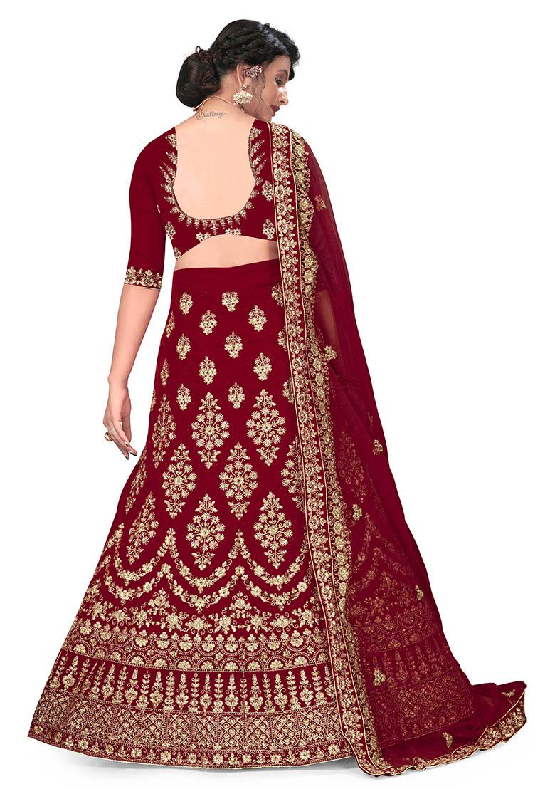 Maroon Zari Embroidered Velvet Lehenga Set