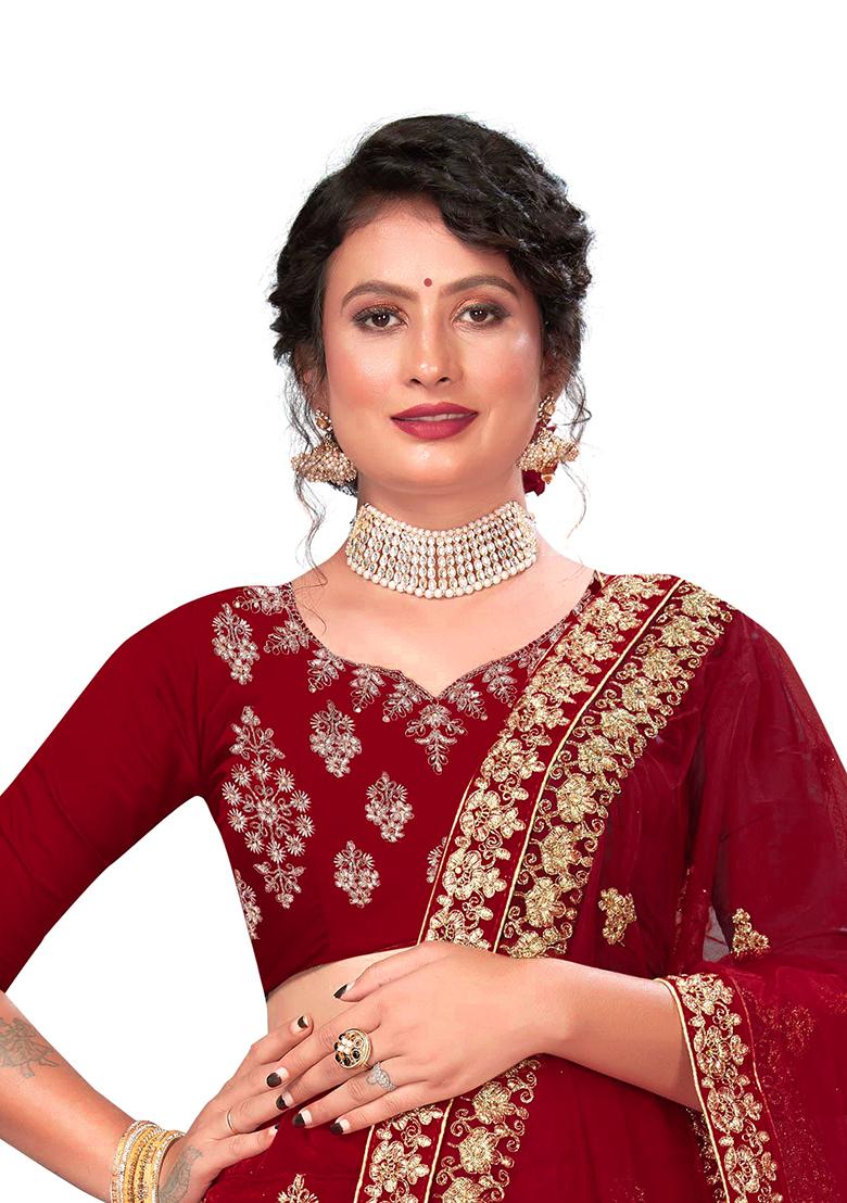 Maroon Zari Embroidered Velvet Lehenga Set
