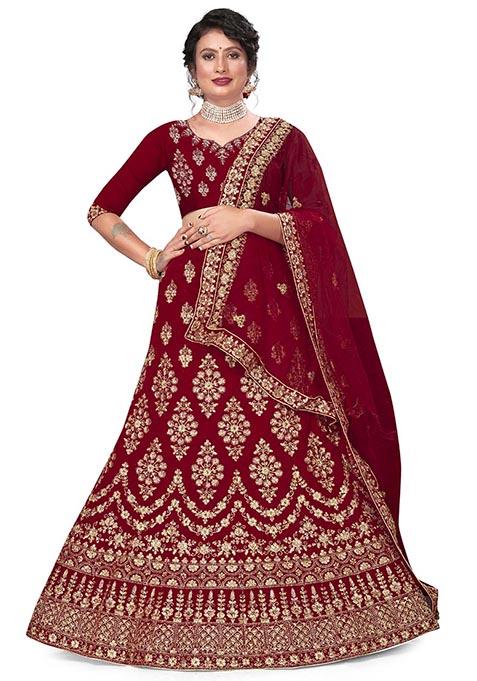 Maroon Zari Embroidered Velvet Lehenga Set