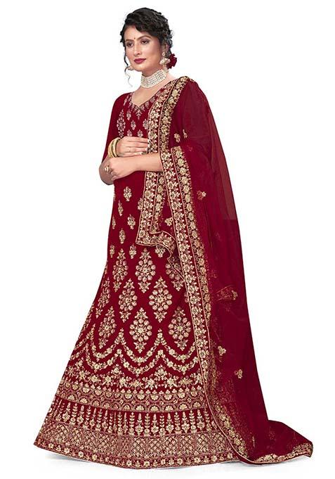 Maroon Zari Embroidered Velvet Lehenga Set