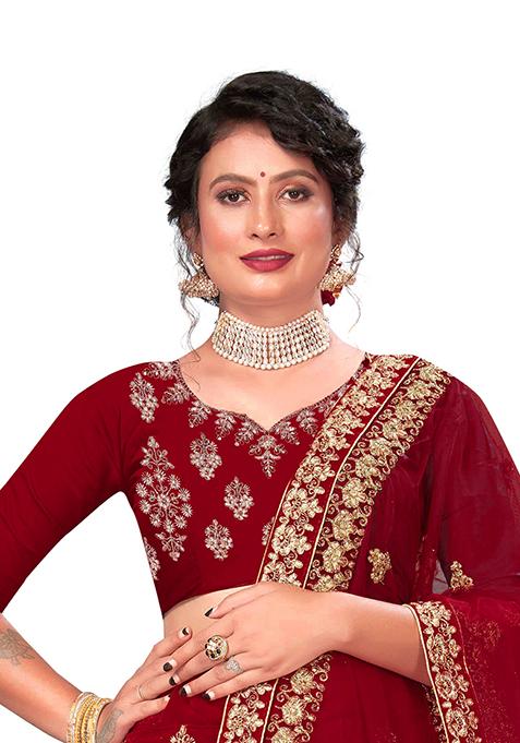 Maroon Zari Embroidered Velvet Lehenga Set