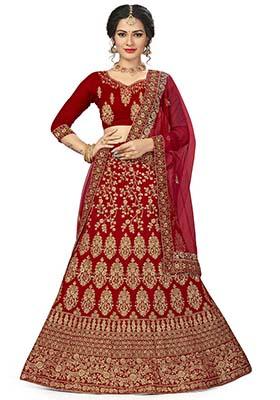 Red Embroidered Velvet Lehenga Set