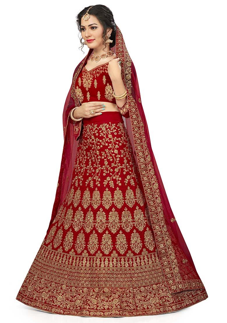 Red Embroidered Velvet Lehenga Set
