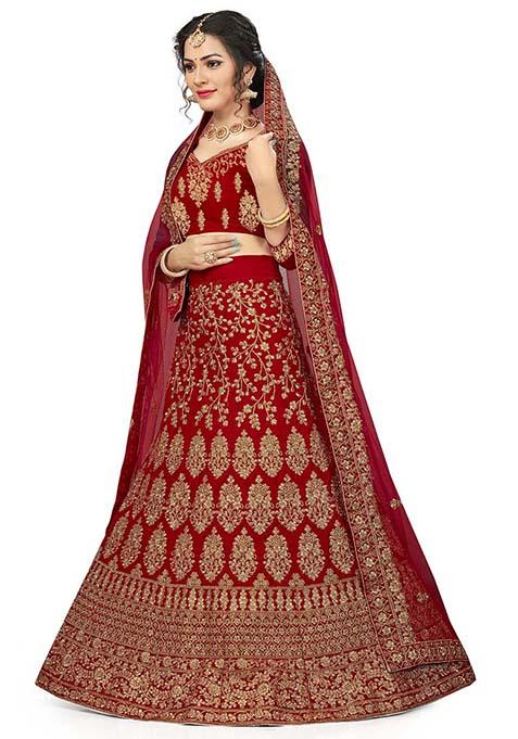 Red Embroidered Velvet Lehenga Set
