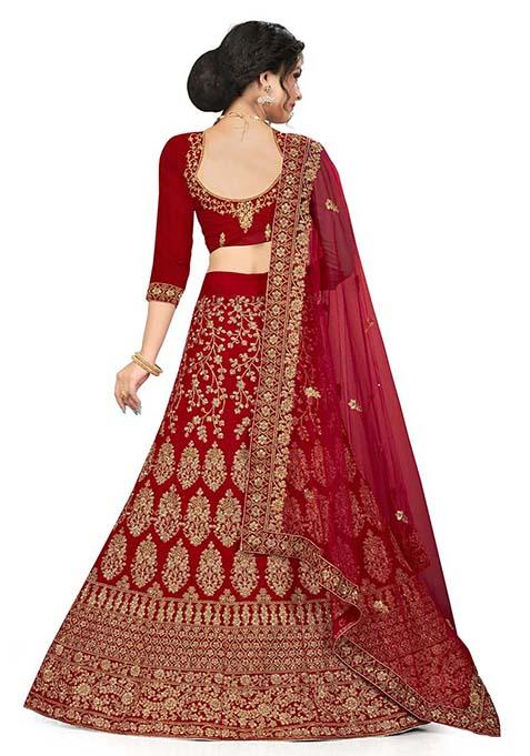 Red Embroidered Velvet Lehenga Set