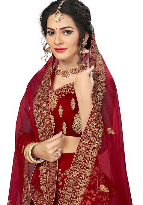 Red Embroidered Velvet Lehenga Set