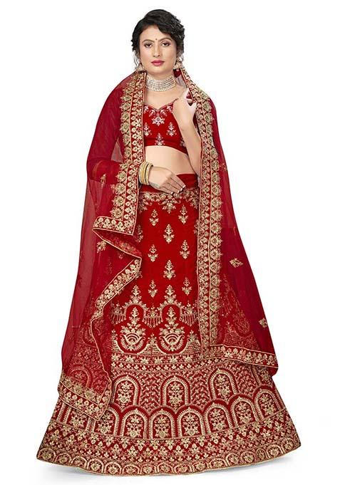 Red Zari Embroidered Velvet Lehenga Set