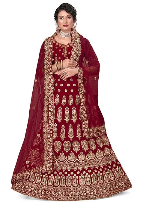 Maroon Zari Embroidered Velvet Lehenga Set