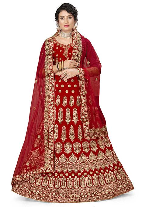 Red Zari Embroidered Velvet Lehenga Set