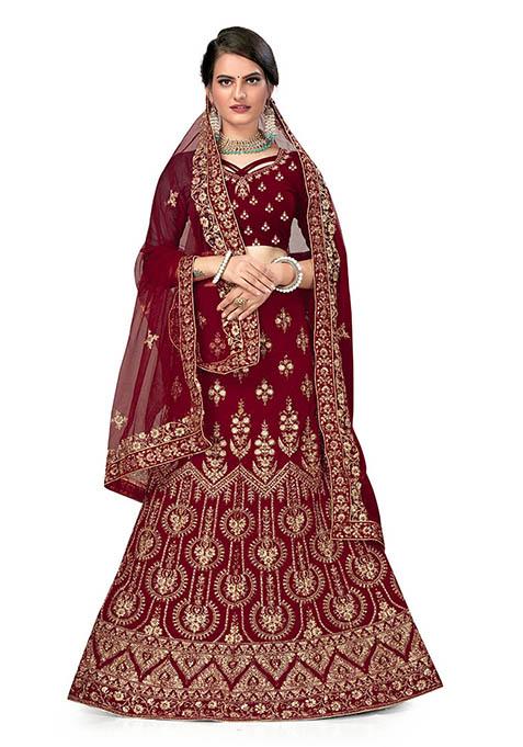 Maroon Zari Embroidered Velvet Lehenga Set