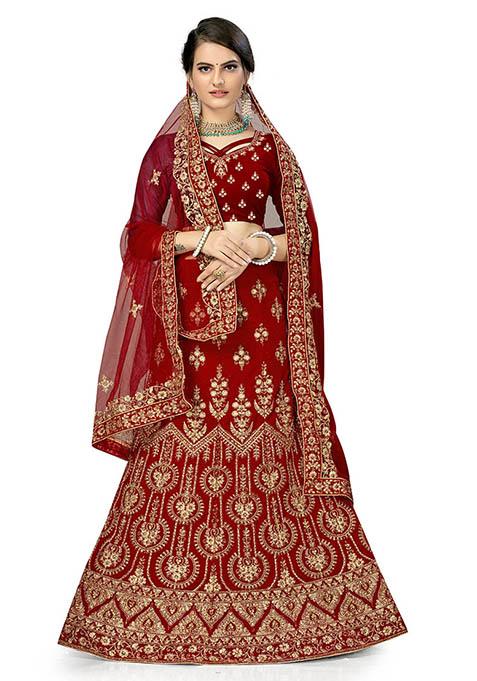 Red Zari Embroidered Velvet Lehenga Set