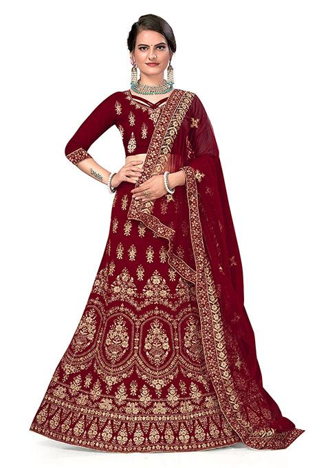 Maroon Zari Embroidered Velvet Lehenga Set