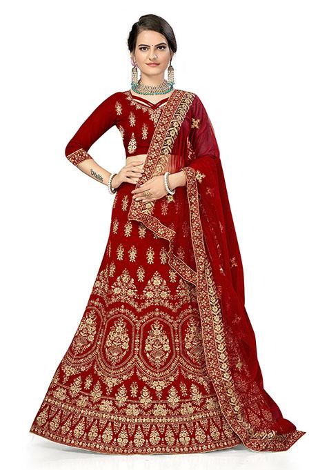 Red Zari Embroidered Velvet Lehenga Set